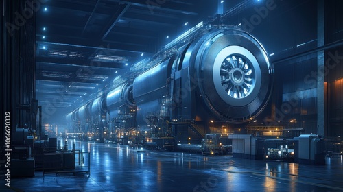 A large machinery hall in a power plant, glowing white and blue in the dark, giving off a futuristic feeling.