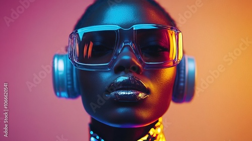 Technologically advanced black man wearing colorful shiny costume with sunglasess and headphone photo