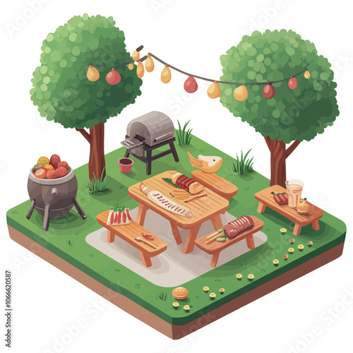 Picnic in the garden isometric composition with wooden table, chairs, barbecue, grill, fruit basket, lanterns and apple trees vector illustration 