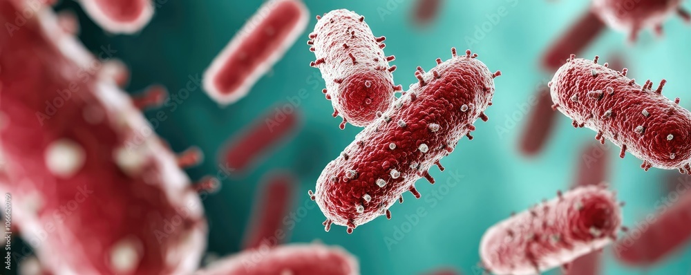 An intricate, close-up view of bacteria, showcasing their vibrant red color and unique shapes against a blurred blue backdrop. An intricate, close-up view of bacteria, showcasing their vibrant red color and unique shapes against a blurred blue backdrop.