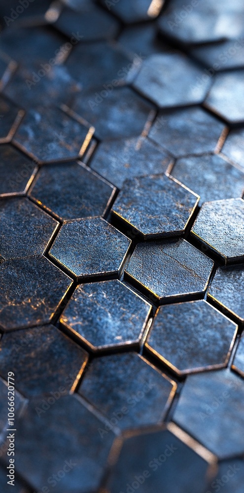 A close-up of dark blue metal hexagons with a glossy finish, arranged in an orderly pattern. A close-up of dark blue metal hexagons with a glossy finish, arranged in an orderly pattern.