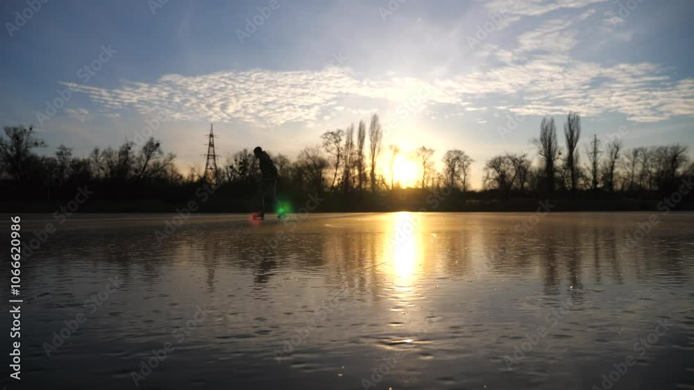 Young man skating on frozen river during sunset time. Guy shod in figure skates sliding on icy lake during training. Shining sun is reflecting on surface of ice. Active leisure at winter. Slow motion Young man skating on frozen river during sunset time. Guy shod in figure skates sliding on icy lake during training. Shining sun is reflecting on surface of ice. Active leisure at winter. Slow motion