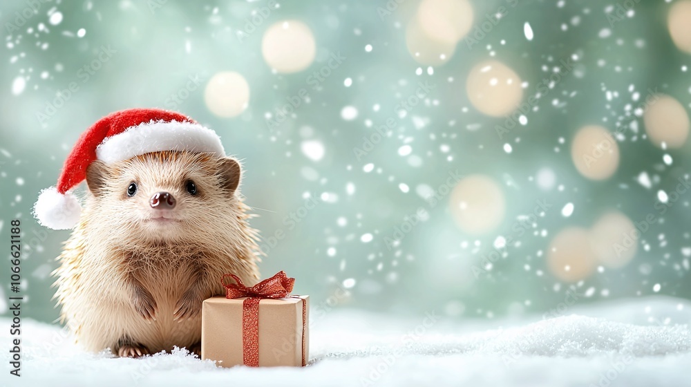 A festive hedgehog wearing a Santa hat sits beside a small gift, surrounded by a wintry, snow-covered background with soft bokeh lights. A festive hedgehog wearing a Santa hat sits beside a small gift, surrounded by a wintry, snow-covered background with soft bokeh lights.