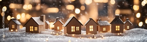 Illuminated Miniature Houses in a Snowy Winter Scene