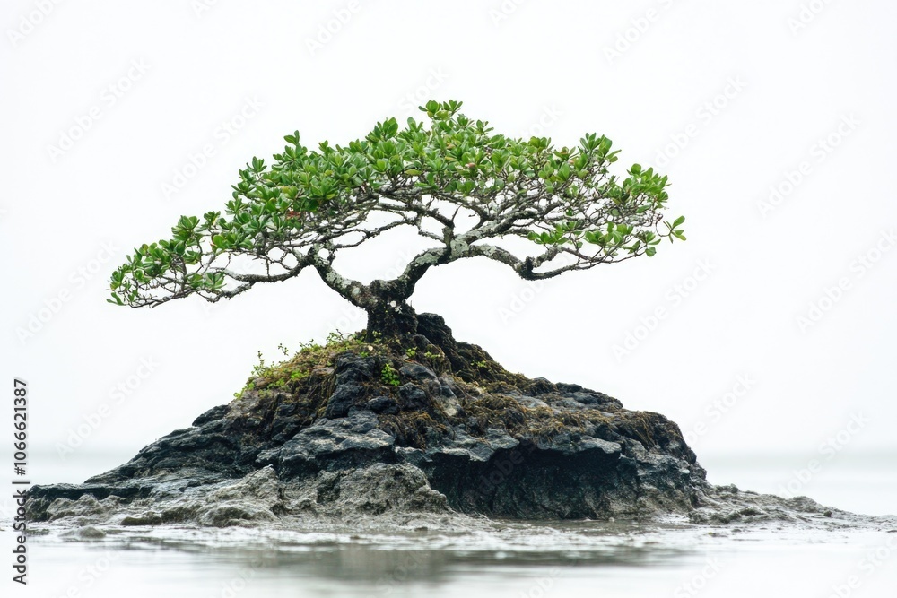 A small tree growing out of a rock in the middle of a lake or ocean A small tree growing out of a rock in the middle of a lake or ocean