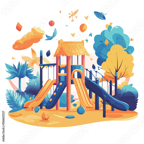 Playground with slides and attractions. Vector illustration in cartoon style. 