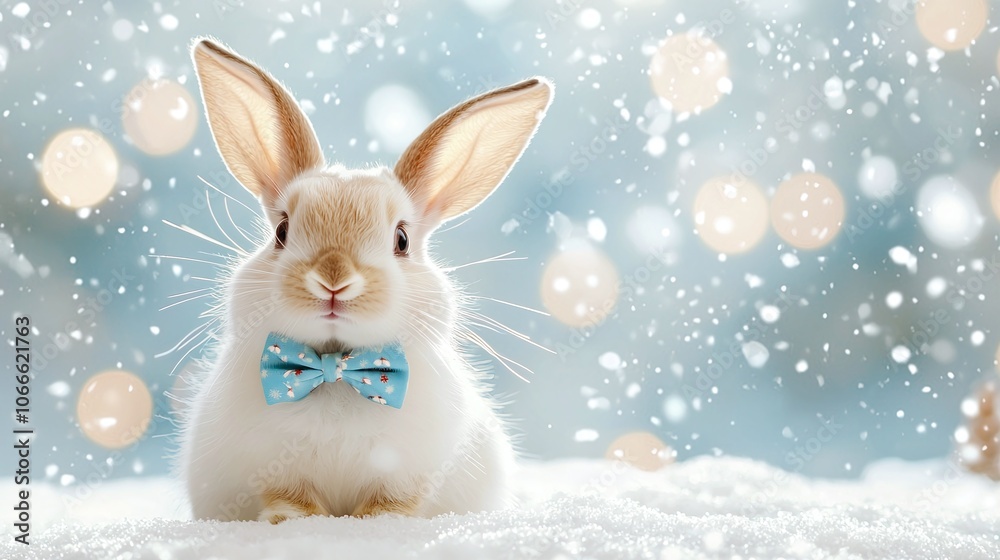 Christmas animals outfit winter concept. A charming rabbit with a blue bowtie sits in a snowy landscape, surrounded by a dreamy, softly blurred background of falling snowflakes. Christmas animals outfit winter concept. A charming rabbit with a blue bowtie sits in a snowy landscape, surrounded by a dreamy, softly blurred background of falling snowflakes.