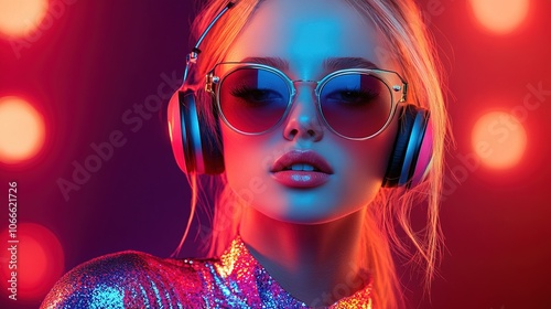 Technologically advanced blonde woman wearing colorful shiny costume with sunglasess and headphone photo