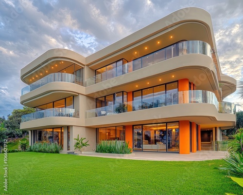 Beige Sydney home with orange accents and balconies overlooking a verdant lawn. photo