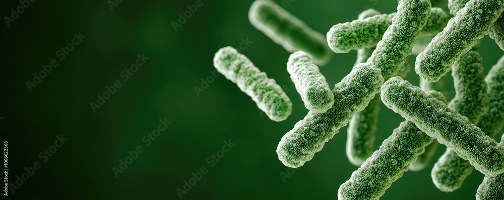 A close-up of green, rod-shaped bacteria on a blurred background, showcasing a microscopic view of microbial life. A close-up of green, rod-shaped bacteria on a blurred background, showcasing a microscopic view of microbial life.