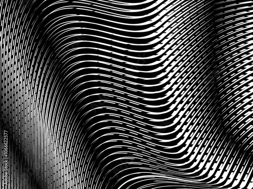 Abstract art geometric background with shiny abstract 3d black and white stripes pattern. Black and white optical illusion with waves and transitions.