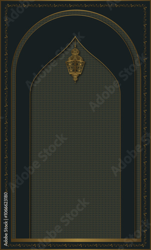 Muslim prayer rug, Islamic decor door examples. Ramadan feast greeting card.