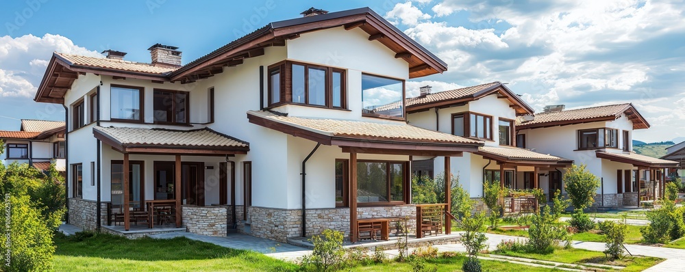 Bulgarian coastal village scene featuring modern townhouses with light roofs. Bulgarian coastal village scene featuring modern townhouses with light roofs.