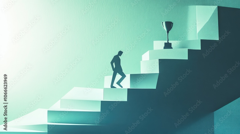 Abstract paper figure climbing stairs with a trophy on top, representing ambition, growth, and professional accomplishment Abstract paper figure climbing stairs with a trophy on top, representing ambition, growth, and professional accomplishment