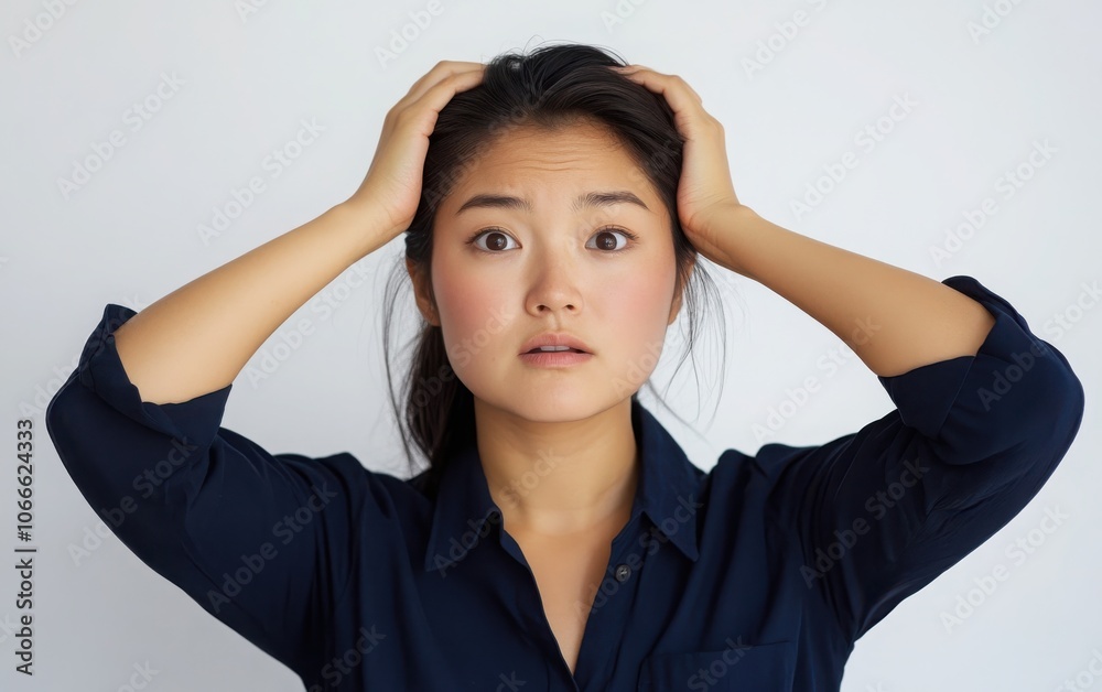 A portrait photograph of an Asian woman wearing a navy blue shirt, holding her head with both hands while looking directly at the camera. A portrait photograph of an Asian woman wearing a navy blue shirt, holding her head with both hands while looking directly at the camera.