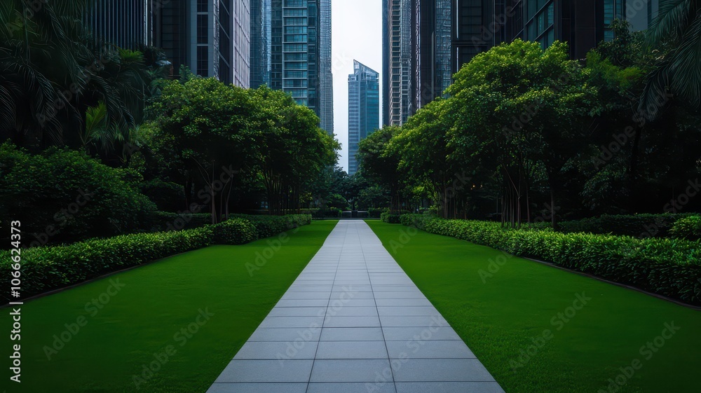 Modern urban park with lush green space nestled among towering high-rise buildings in a bustling city. Modern urban park with lush green space nestled among towering high-rise buildings in a bustling city.