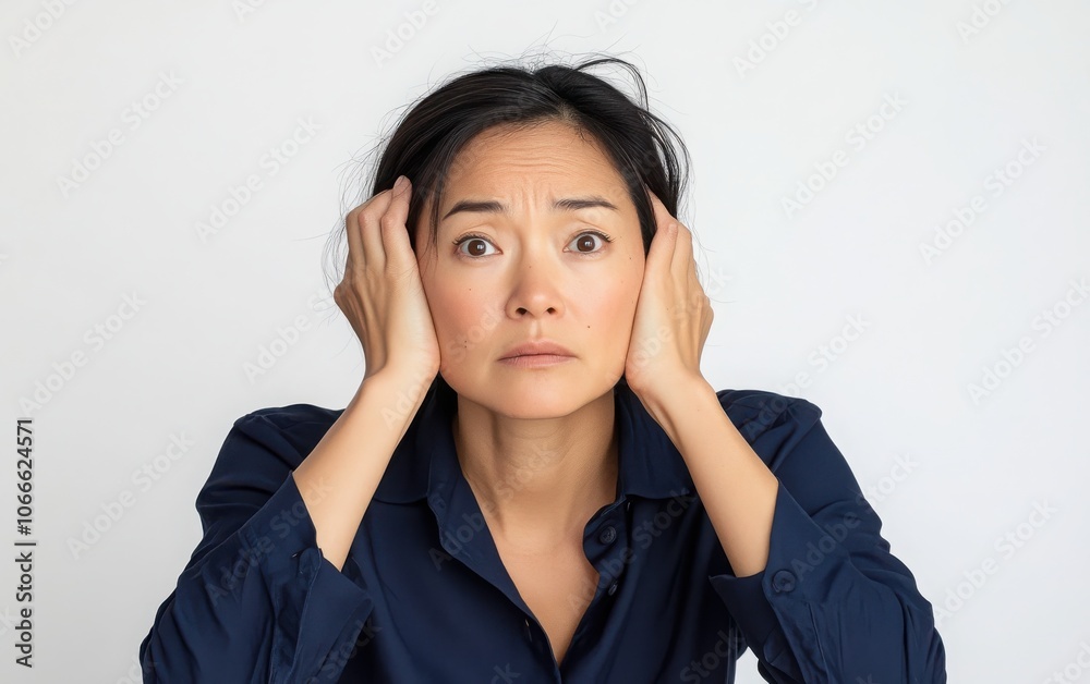 An emotional portrait of an Asian woman dressed in a navy blue shirt, holding her head with both hands and looking into the camera with a concerned expression. An emotional portrait of an Asian woman dressed in a navy blue shirt, holding her head with both hands and looking into the camera with a concerned expression.