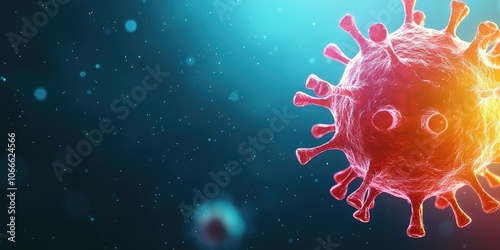 A close-up illustration of a virus, showcasing its structure and spikes, against a soft-focus blue background with light particles.
