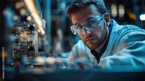 Fototapeta Naklejka Na Ścianę i Meble -  A photo of an astronaut overseeing manufacturing in a microgravity environment on the space station