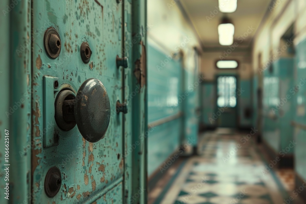 A long hallway with blue doors and a checkered floor pattern A long hallway with blue doors and a checkered floor pattern