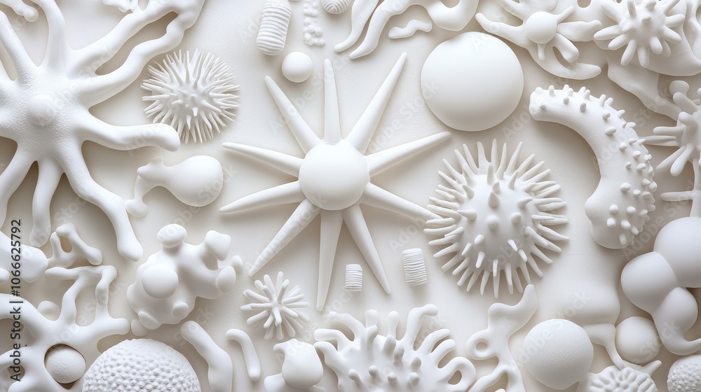 A textured white surface featuring various intricate, organic shapes resembling microorganisms and abstract forms. A textured white surface featuring various intricate, organic shapes resembling microorganisms and abstract forms.