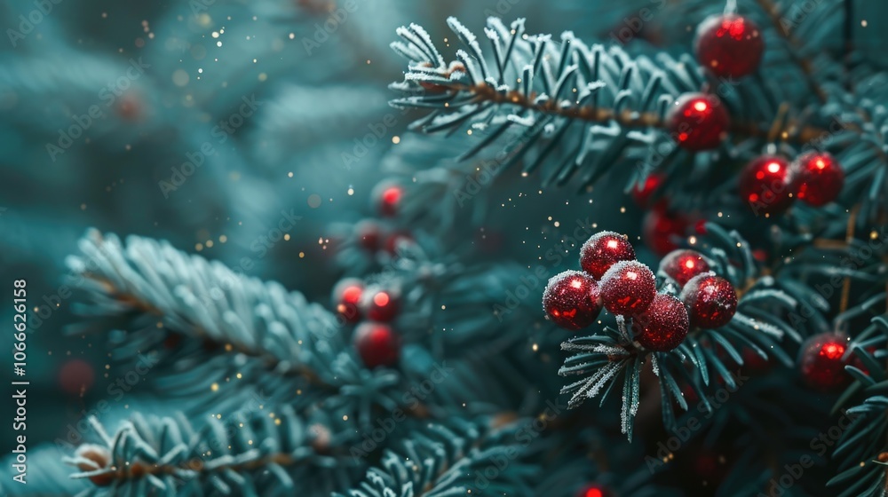 A close-up shot of a Christmas tree decorated with bright red berries A close-up shot of a Christmas tree decorated with bright red berries