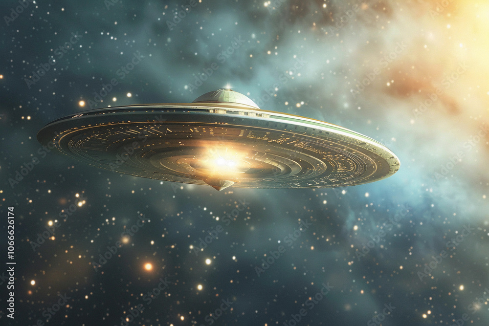 Iron oval UFO saucer hovering over beautiful landscape in dramatic sky