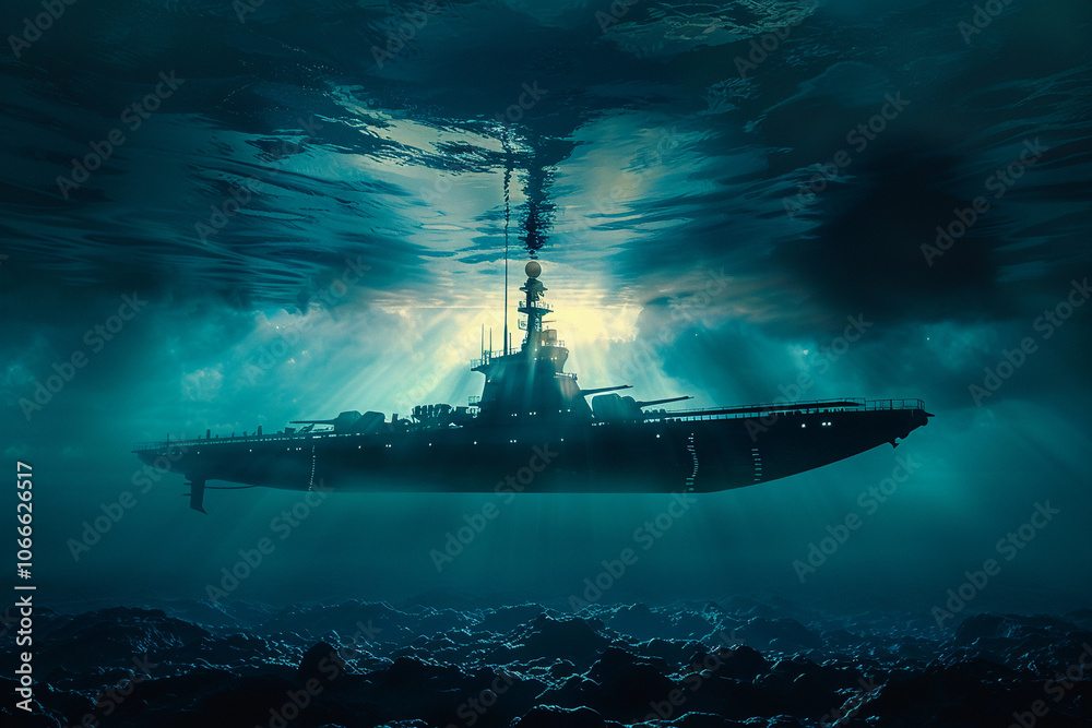 Fototapeta premium Beautiful large submarine floating in middle of ocean during mission