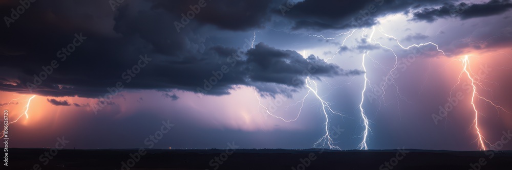 Lightning strikes through dark storm clouds over a distant horizon Lightning strikes through dark storm clouds over a distant horizon