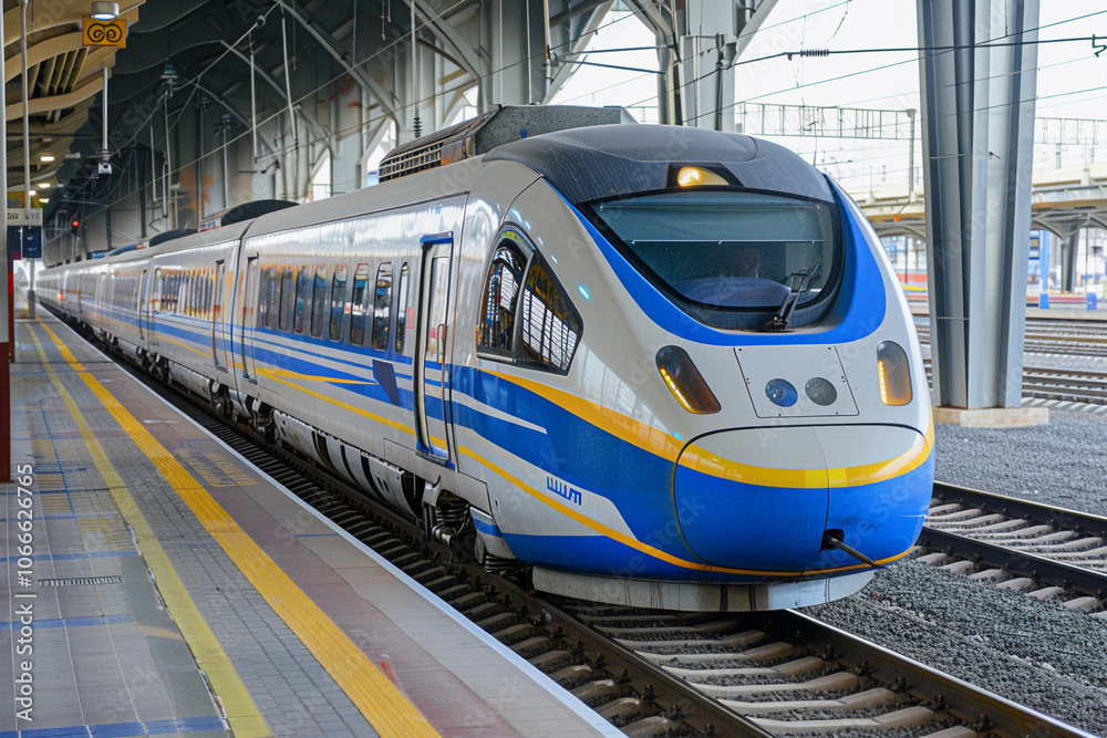 Fototapeta premium Modern high-speed train in fast motion passes through railway stations
