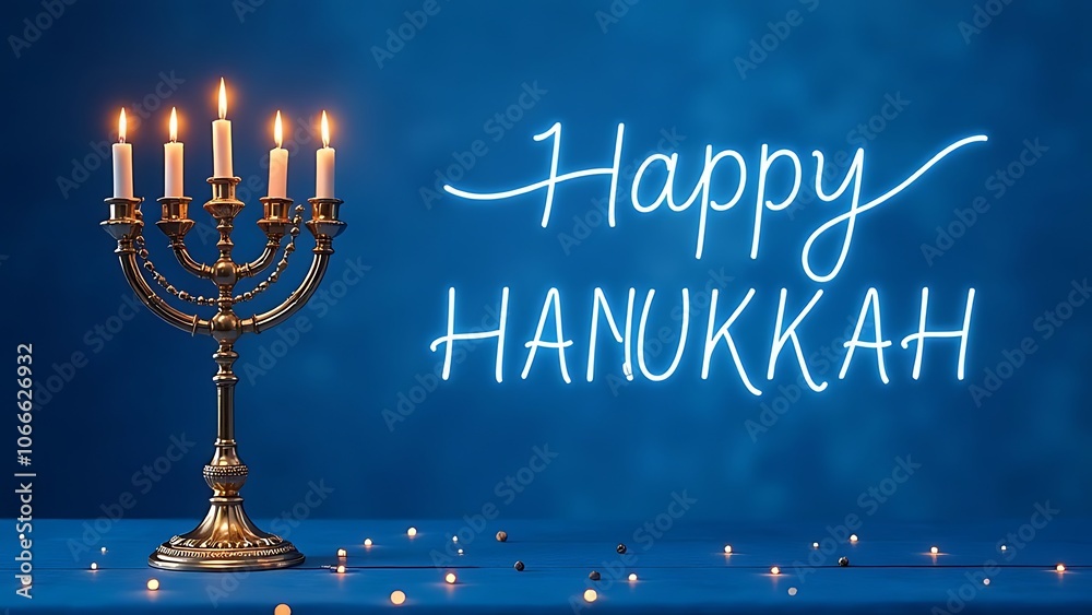 Happy Hanukkah words, blue lamp, blue background Happy Hanukkah words, blue lamp, blue background