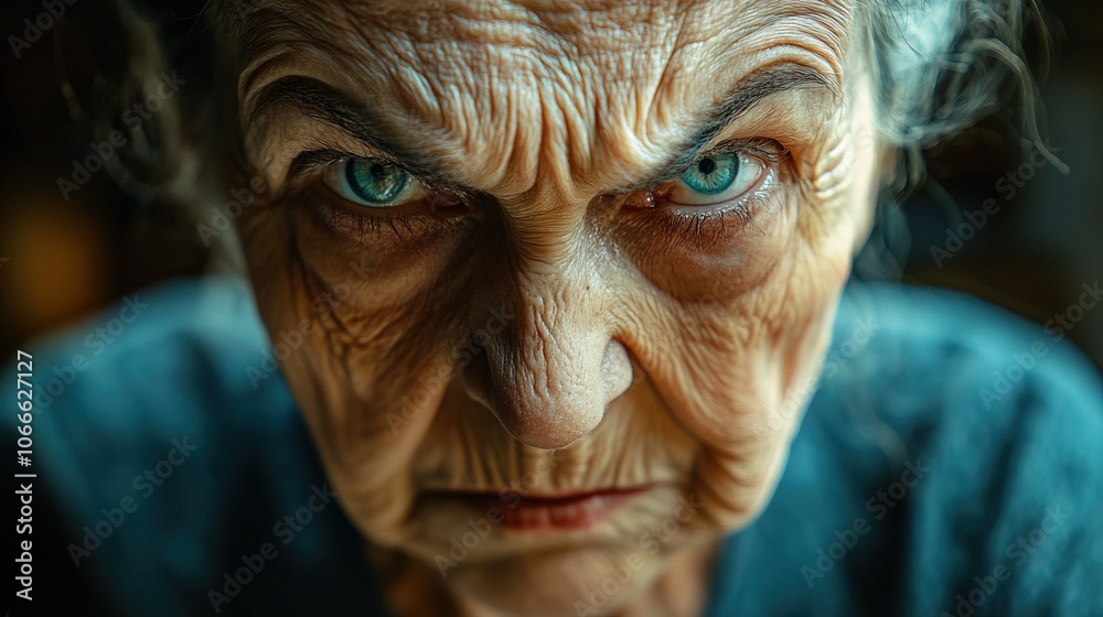 Angry expression of older woman with wrinkled skin Angry expression of older woman with wrinkled skin