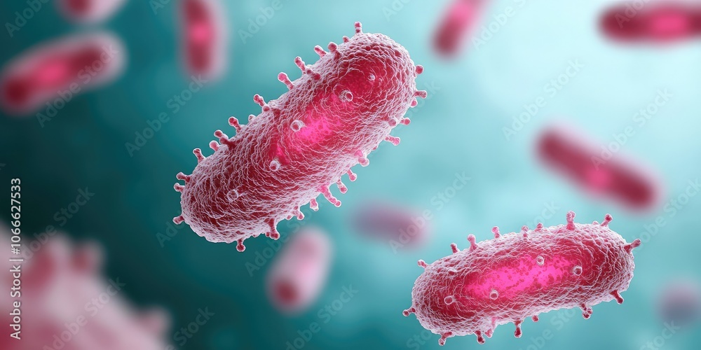 A vivid illustration of bacteria, showing pink rod-shaped microbes with detailed structures against a blurred background, emphasizing microscopic life.