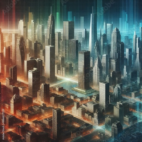 Diverse skylines from different cities rendered with holographic #1066627559