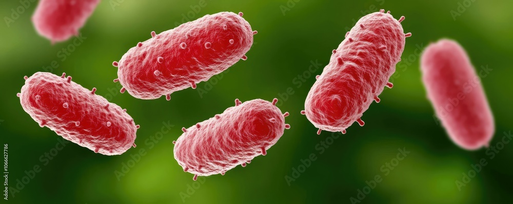 Close-up view of red bacteria on a green background, showcasing their rod-like shape and intricate details under a microscope.
