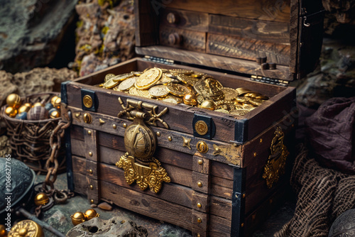 Fantastic treasure from pirate wooden chest with antique gold coins