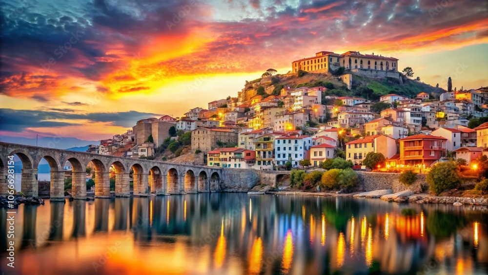 Fototapeta premium Double Exposure of Old Town, Castle, and Aqueduct in Kavala, Greece - Summer Charm, Historic Architecture, Mediterranean Landscape, Travel Destination, European Heritage