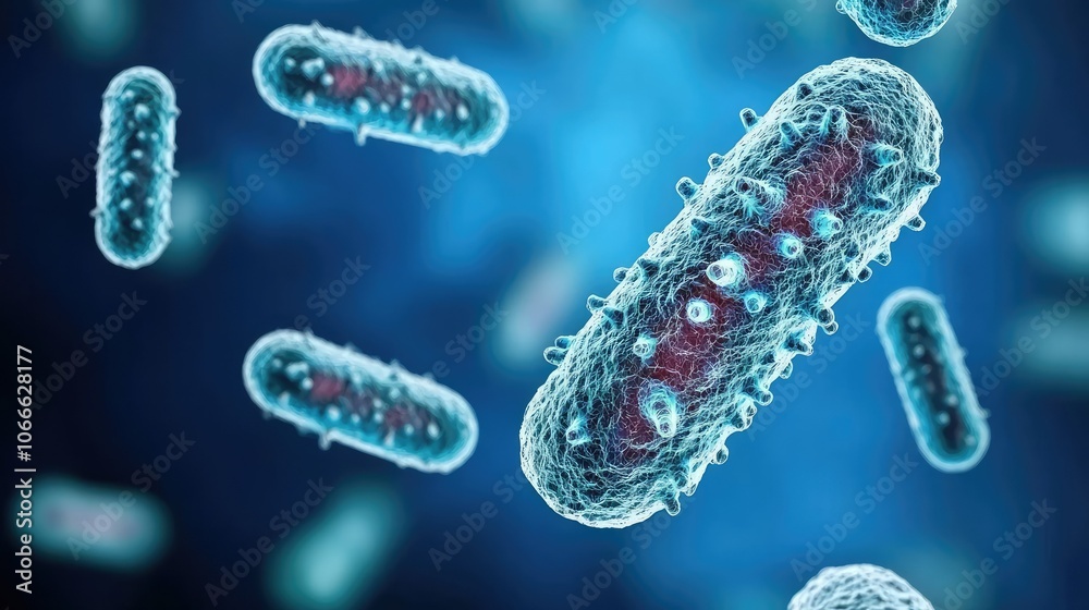 A vivid illustration of bacteria under a microscope, showcasing their complex structures against a blue backdrop.