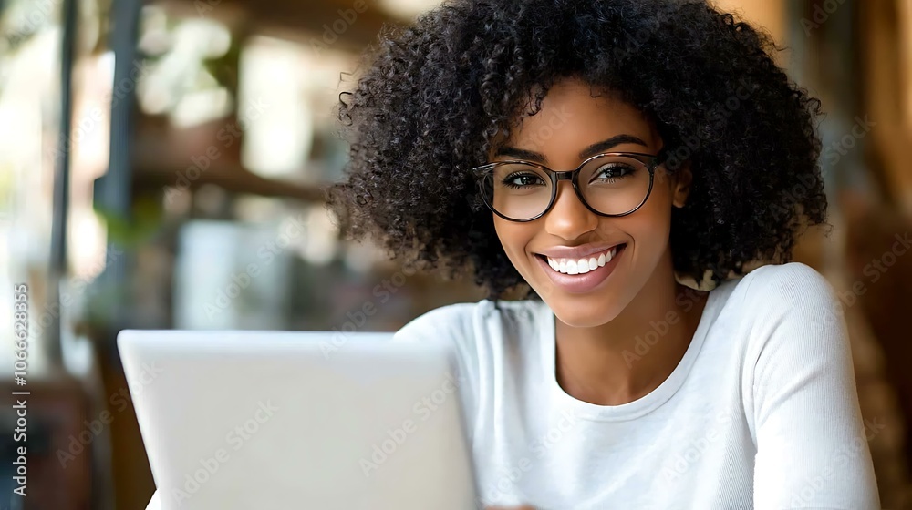Freelance worker with Afro-textured hair enjoying a productive day, working on her laptop in a warm and inviting home office Freelance worker with Afro-textured hair enjoying a productive day, working on her laptop in a warm and inviting home office