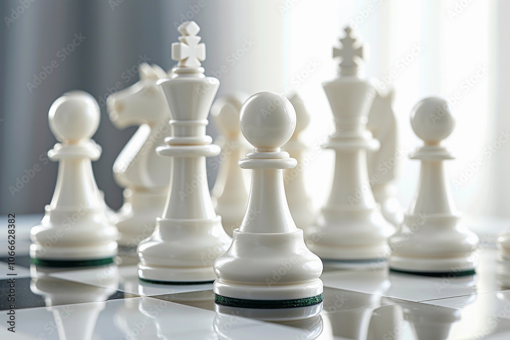 Chess piece standing on checkered board during strategic game of chess Chess piece standing on checkered board during strategic game of chess