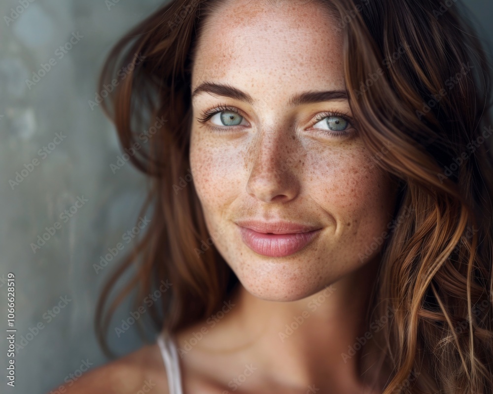 This stunning close-up highlights a woman with flawless skin, a dazzling smile, and an alluring gaze, embodying elegance in a minimalistic setting. This stunning close-up highlights a woman with flawless skin, a dazzling smile, and an alluring gaze, embodying elegance in a minimalistic setting.