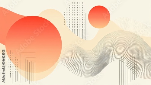 Abstract background with beige and red circles, curved lines and geometric shapes on a white background.