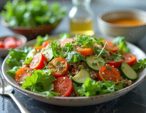 Delicious vegetable salad prepared in a beautiful kitchen with seasonings and vegetables in the background, on a sunny day.