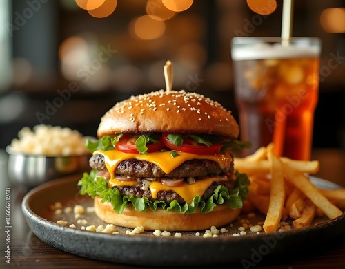 Close-up shot of an appetizing hamburger with lettuce, tomato, cheese and onion rings, with sesame seed bun and French fries with a cola drink with ice, in a restaurant at night, with backlights.