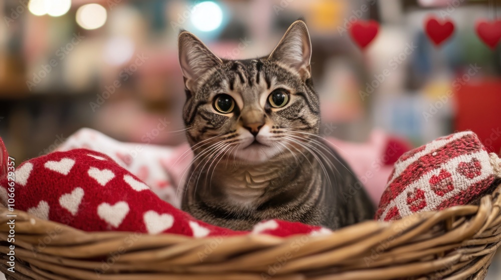 A cat sits in a basket decorated with heart-patterned cloth in a room filled with Valentine's Day gifts. A cat sits in a basket decorated with heart-patterned cloth in a room filled with Valentine's Day gifts.