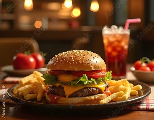 Close-up shot of an appetizing hamburger with lettuce, tomato, cheese and onion rings, with sesame seed bun and French fries with a cola drink with ice, in a restaurant at night, with backlights. photo