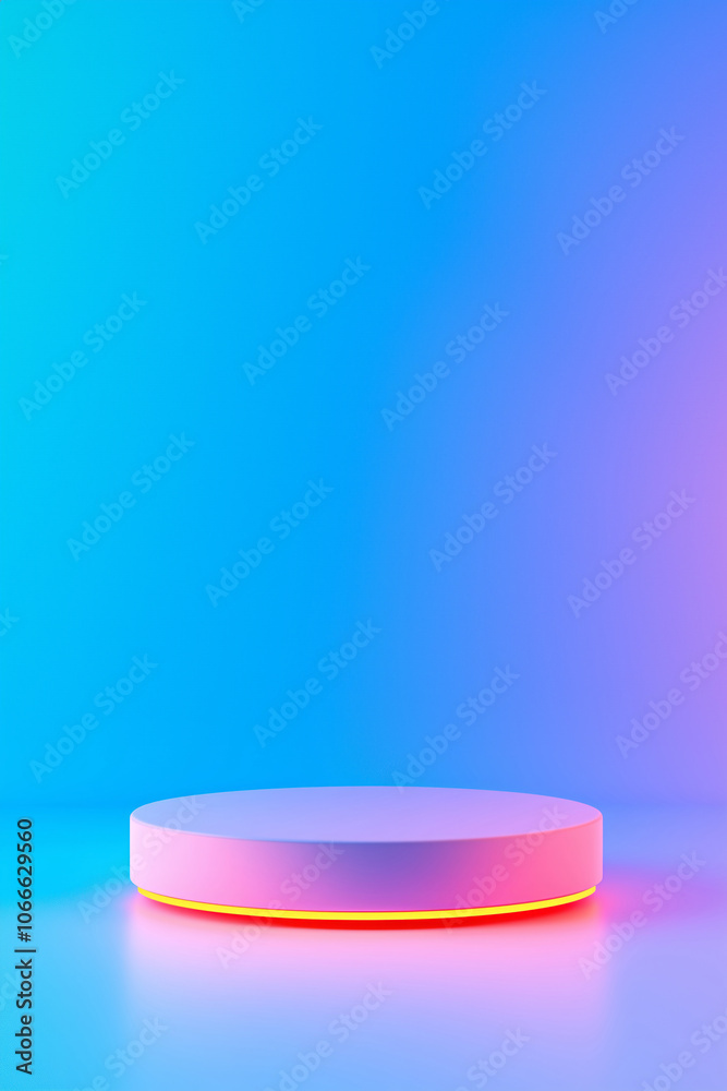 Podium on gradient pink and blue background. 3D render style. Product display concept. Design for banner, poster and background with copy space. Podium on gradient pink and blue background. 3D render style. Product display concept. Design for banner, poster and background with copy space.