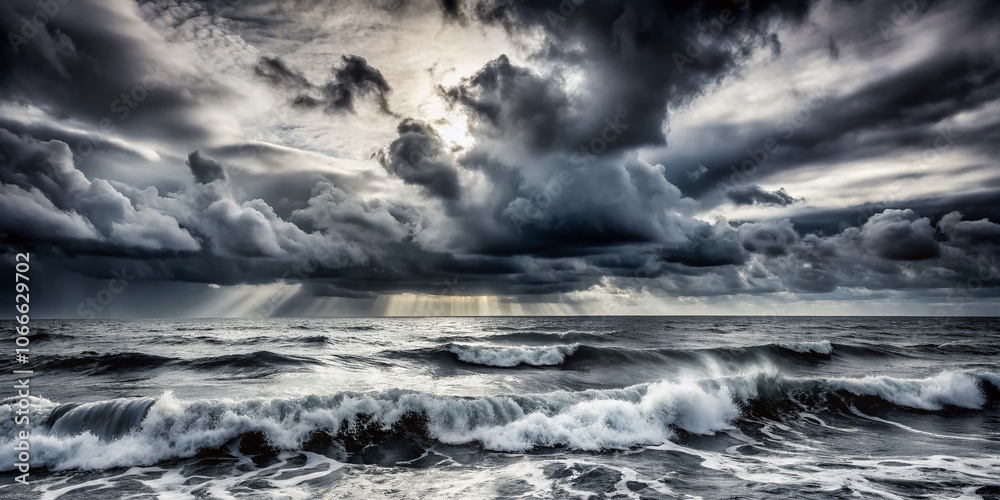 Fototapeta premium Dramatic Black and White Ocean Scene with Low Grey Sky - Captivating Seascape Photography for Calm and Reflection