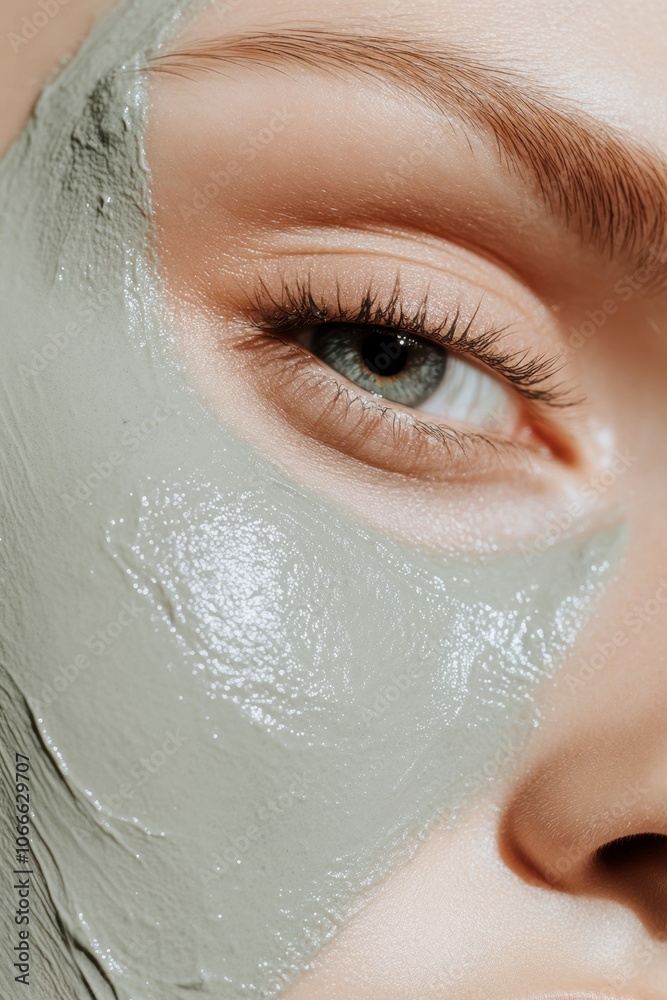 closeup of biracial woman with mint green beauty skincare face mask - graphic design advertising branding for skincare brand - content for social media, instagram pinterest blog website graphics