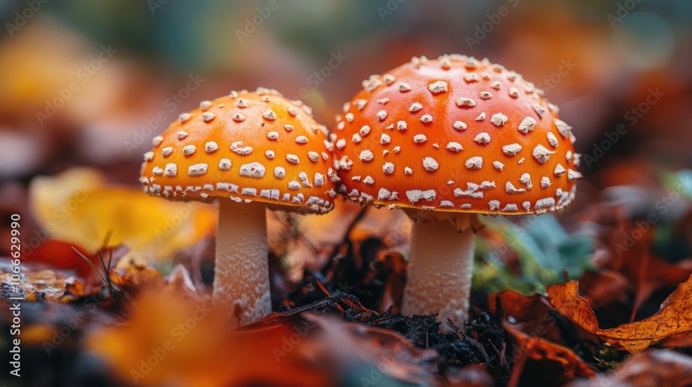 A pair of mushrooms sit atop a pile of fallen leaves in a natural setting A pair of mushrooms sit atop a pile of fallen leaves in a natural setting